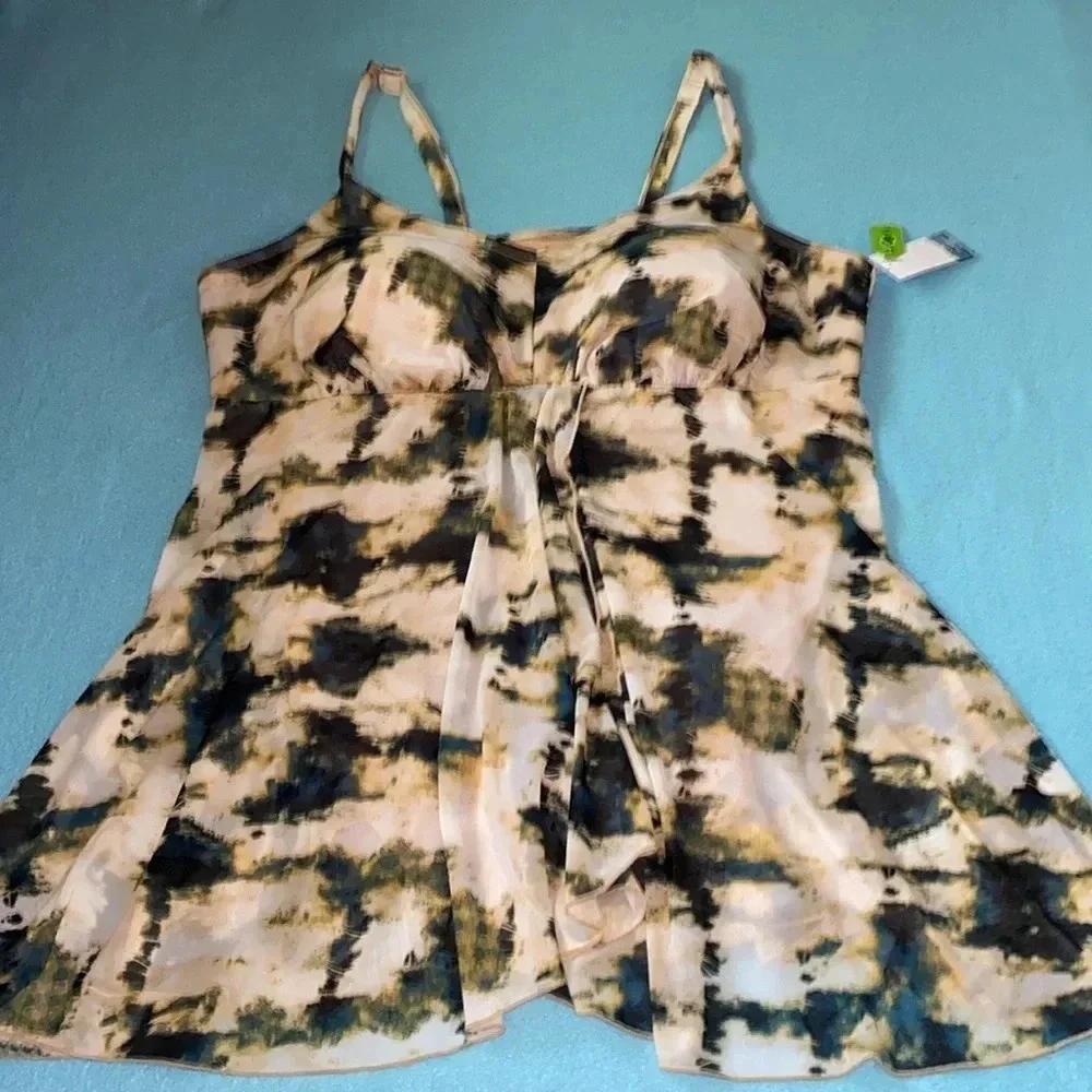 SWIM BY CACIQUE Fly Away tie dye print style swim dress faux wrap NEW size 28